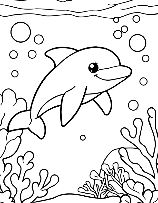 Cute cartoon dolphin swimming in the ocean coloring page